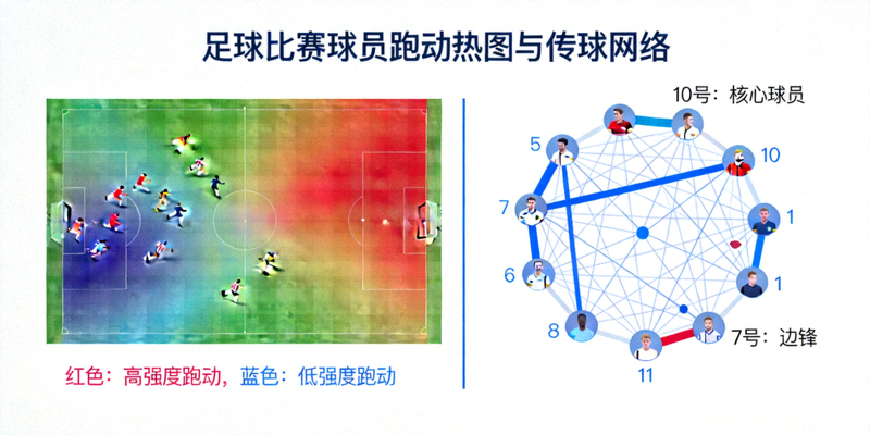 足球数据统计图表，展示球员跑动热图与传球网络